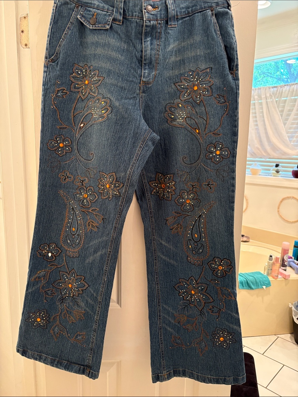 Goddess Dark Blue Embroidered Floral Wide-Leg Jeans